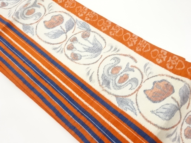 手織り紬縞に花丸文様織出し名古屋帯